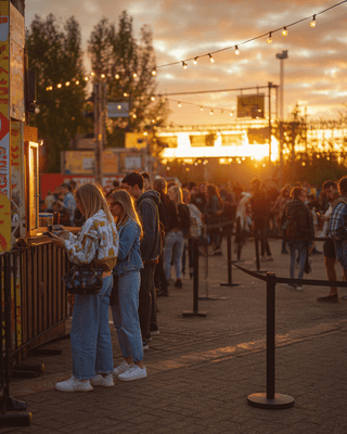 Festivalingang bij zonsondergang